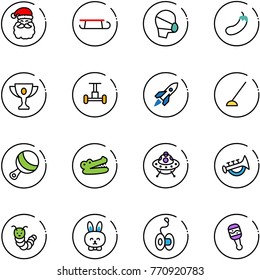 line vector icon set - santa claus vector, sleigh, medical mask, eggplant, gold cup, gyroscope, rocket, hoe, beanbag, crocodile, ufo toy, horn, caterpillar, rabbit, yoyo