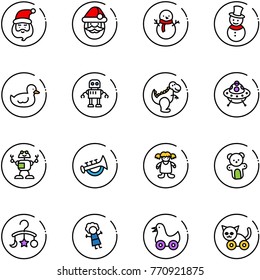 line vector icon set - santa claus vector, snowman, duck toy, robot, dinosaur, ufo, horn, doll, bear, baby carousel, cat