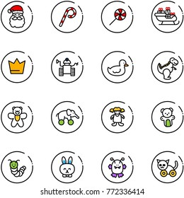 line vector icon set - santa claus vector, lollipop, sleigh, crown, robot, duck toy, dinosaur, bear, elephant wheel, doll, caterpillar, rabbit, monster, cat