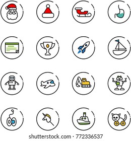 line vector icon set - santa claus vector, christmas hat, sleigh, stomach, schedule, gold cup, rocket, sailboat toy, robot, plane, excavator, yoyo, unicorn stick, boat, cat