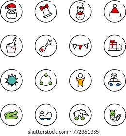 line vector icon set - santa claus vector, bell, snowman, christmas hat, champagne, flag garland, sleigh gift, sun, community, success, car toy, crocodile, baby, elephant wheel, caterpillar