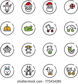 line vector icon set - santa claus vector, lollipop, crown, crocodile, wheel horse, elephant, ufo toy, doll, bear, caterpillar, rabbit, robot, duck, cat