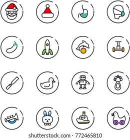 line vector icon set - santa claus vector, christmas hat, stomach, medical mask, eggplant, rocket, dolphin, gyroscope, rasp, duck toy, robot, beanbag, horn, rabbit, boat