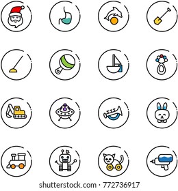 line vector icon set - santa claus vector, stomach, dolphin, shovel, hoe, beanbag, sailboat toy, excavator, ufo, horn, rabbit, train, robot, cat, water gun