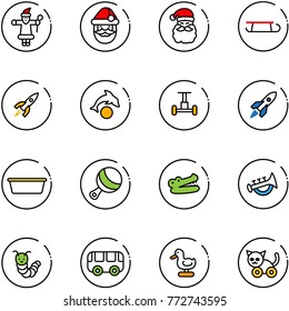 line vector icon set - santa claus vector, sleigh, rocket, dolphin, gyroscope, basin, beanbag, crocodile, horn toy, caterpillar, bus, duck, cat