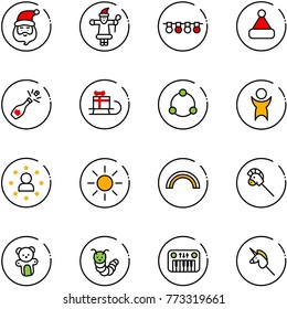 line vector icon set - santa claus vector, garland, christmas hat, champagne, sleigh gift, community, success, star man, sun, rainbow, horse stick toy, bear, caterpillar, piano, unicorn