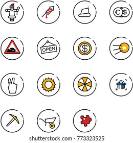 line vector icon set - santa claus vector, firework rocket, treadmill, euro dollar, steep descent road sign, open, first satellite, victory, sun, parasol, fingerprint scanner, axe, wheelbarrow