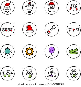 line vector icon set - santa claus vector, garland, christmas hat, champagne, flag, sun, balloon smile, crocodile, elephant wheel, bear toy, baby carousel