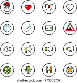 line vector icon set - santa claus vector, heart, bow, pulse, basketball ball, eggplant, tap pay, steep roadside road sign, volume max, loudspeaker, dislike, target, office chair, agreement, sun