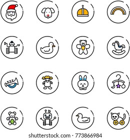 line vector icon set - santa claus vector, dog, crown, rainbow, robot, duck toy, bear, rocking horse, horn, doll, rabbit, baby carousel, cat