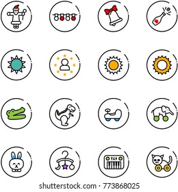 line vector icon set - santa claus vector, garland, bell, champagne, sun, star man, crocodile, dinosaur toy, baby car, elephant wheel, rabbit, carousel, piano, cat