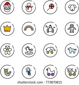 line vector icon set - santa claus vector, snowman, lollipop, dog, crown, rainbow, robot, bear toy, rocking horse, elephant wheel, caterpillar, doll, duck, cat