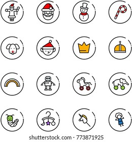 line vector icon set - santa claus vector, snowman, lollipop, dog, christmas elf, crown, rainbow, robot, wheel horse, elephant, toy caterpillar, baby carousel, unicorn stick, doll