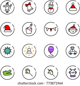 line vector icon set - santa claus vector, bell, snowman, christmas hat, champagne, flag garland, elf, sun, star man, balloon smile, car toy, crocodile, horse stick, unicorn, monster