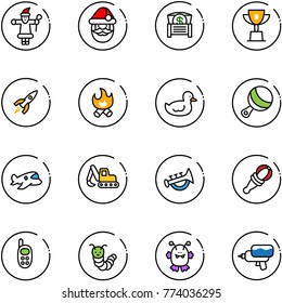 line vector icon set - santa claus vector, money chest, win cup, rocket, fire, duck toy, beanbag, plane, excavator, horn, phone, caterpillar, monster, water gun