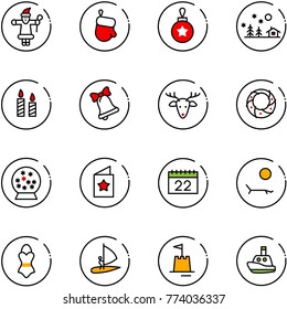 line vector icon set - santa claus vector, christmas glove, ball, landscape, candle, bell, deer, wreath, snowball, star postcard, calendar, lounger, swimsuit, windsurfing, sand castle, toy boat