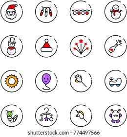 line vector icon set - santa claus vector, garland, snowman, christmas hat, firework, champagne, sun, balloon smile, horse stick toy, baby car, caterpillar, carousel, unicorn, monster