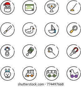 line vector icon set - santa claus vector, schedule, gold cup, hoe, rasp, duck toy, sailboat, beanbag, horse stick, rabbit, train, bus