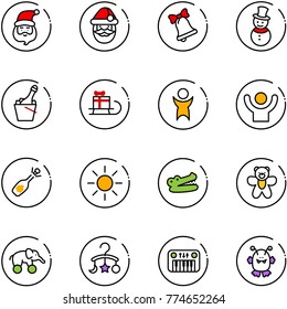line vector icon set - santa claus vector, bell, snowman, champagne, sleigh gift, success, fizz opening, sun, crocodile, bear toy, elephant wheel, baby carousel, piano, monster