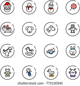 line vector icon set - santa claus vector, snowman, lollipop, sleigh, dog, robot, dinosaur toy, rocking horse, horn, rabbit, bear, doll, duck, monster