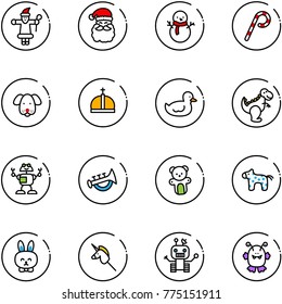 line vector icon set - santa claus vector, snowman, lollipop, dog, crown, duck toy, dinosaur, robot, horn, bear, horse, rabbit, unicorn stick, monster