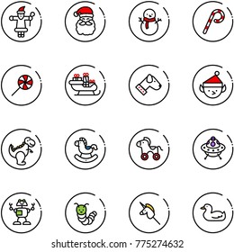 line vector icon set - santa claus vector, snowman, lollipop, sleigh, dog, christmas elf, dinosaur toy, rocking horse, wheel, ufo, robot, caterpillar, unicorn stick, duck