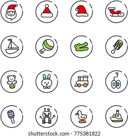 line vector icon set - santa claus vector, christmas hat, sleigh, sailboat toy, beanbag, crocodile, bear, rabbit, train, yoyo, robot, duck, boat