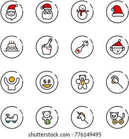 line vector icon set - santa claus vector, snowman, christmas hat, cake, champagne, elf, success, money smile, bear toy, horse stick, baby car, unicorn, cat