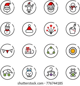 line vector icon set - santa claus vector, snowman, christmas hat, firework, champagne, flag garland, sleigh gift, community, sun, elephant wheel, toy rabbit, baby carousel, bear