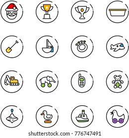 line vector icon set - santa claus vector, win cup, gold, basin, shovel, sailboat toy, beanbag, plane, excavator, elephant wheel, phone, bear, wirligig, duck, boat