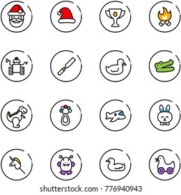 line vector icon set - santa claus vector, christmas hat, gold cup, fire, robot, rasp, duck toy, crocodile, dinosaur, beanbag, plane, rabbit, unicorn stick, monster