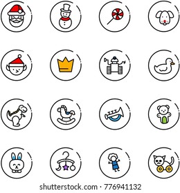 line vector icon set - santa claus vector, snowman, lollipop, dog, christmas elf, crown, robot, duck toy, dinosaur, rocking horse, horn, bear, rabbit, baby carousel, doll, cat