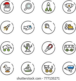 line vector icon set - santa claus vector, bacteria, rocket, gold cup, plane toy, horse stick, excavator, elephant wheel, robot, beanbag, bus, duck, boat, cat, water gun