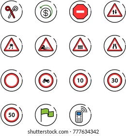 line vector icon set - santa stick vector, money back, no way road sign, oncoming traffic, slippery, gravel, railway intersection, narrows, prohibition, moto, speed limit 10, 30, 50, flag