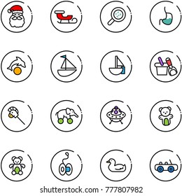 line vector icon set - santa claus vector, sleigh, bacteria, stomach, dolphin, sailboat toy, shovel bucket, horse stick, elephant wheel, ufo, bear, yoyo, duck, car
