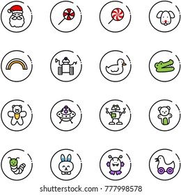 line vector icon set - santa claus vector, lollipop, dog, rainbow, robot, duck toy, crocodile, bear, ufo, caterpillar, rabbit, monster