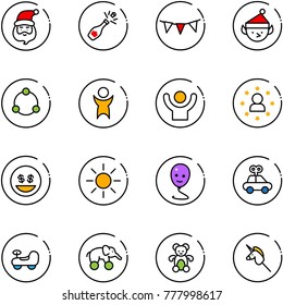line vector icon set - santa claus vector, champagne, flag garland, christmas elf, community, success, star man, money smile, sun, balloon, car toy, baby, elephant wheel, bear, unicorn stick