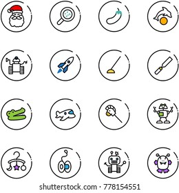 line vector icon set - santa claus vector, bacteria, eggplant, dolphin, robot, rocket, hoe, rasp, crocodile, plane toy, horse stick, baby carousel, yoyo, monster