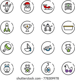 line vector icon set - santa claus vector, sleigh, money chest, rocket, gold cup, robot, basin, beanbag, sailboat toy, horn, bear, rabbit, yoyo, duck