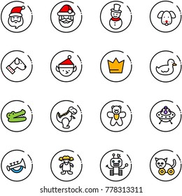line vector icon set - santa claus vector, snowman, dog, christmas elf, crown, duck toy, crocodile, dinosaur, bear, ufo, horn, doll, robot, cat