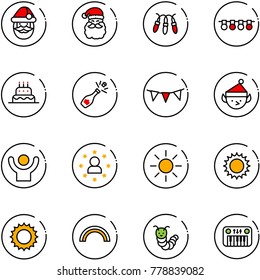 line vector icon set - santa claus vector, garland, cake, champagne, flag, christmas elf, success, star man, sun, rainbow, toy caterpillar, piano