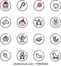 line vector icon set - santa claus vector, lollipop, dog, christmas elf, robot, bear toy, ufo, horn, caterpillar, unicorn stick, duck