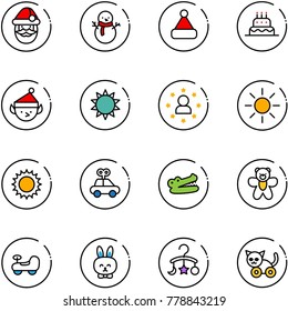 line vector icon set - santa claus vector, snowman, christmas hat, cake, elf, sun, star man, car toy, crocodile, bear, baby, rabbit, carousel, cat