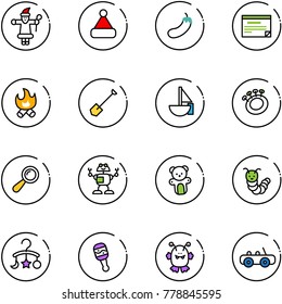 line vector icon set - santa claus vector, christmas hat, eggplant, schedule, fire, shovel, sailboat toy, beanbag, robot, bear, caterpillar, baby carousel, monster, car