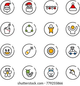 line vector icon set - santa claus vector, garland, christmas hat, champagne, community, success, money smile, fizz opening, sun, car toy, bear, caterpillar, rabbit, unicorn stick