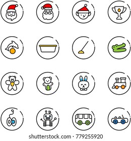 line vector icon set - santa claus vector, christmas elf, gold cup, dolphin, basin, hoe, crocodile, bear toy, rabbit, train, yoyo, robot, bus, car
