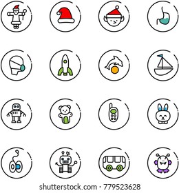 line vector icon set - santa claus vector, christmas hat, elf, stomach, medical mask, rocket, dolphin, sailboat toy, robot, bear, phone, rabbit, yoyo, bus, monster