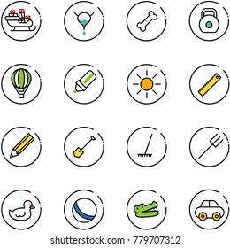 line vector icon set - santa sleigh vector, bladder, broken bone, weight, air balloon, highlight marker, sun, ruler, pencil, shovel, rake, farm fork, duck toy, ball, crocodile, car