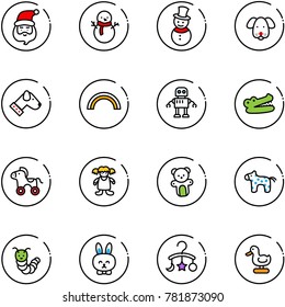 line vector icon set - santa claus vector, snowman, dog, rainbow, robot, crocodile, wheel horse, doll, bear toy, caterpillar, rabbit, baby carousel, duck