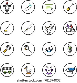 line vector icon set - santa claus vector, eggplant, schedule, shovel, hoe, rasp, dinosaur toy, bucket, beanbag, horse stick, horn, phone, bus, duck, monster, water gun